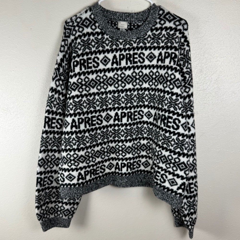 A New Day Womens XL Apres Ski Fair Isle Sweater Black White Knit Pullover